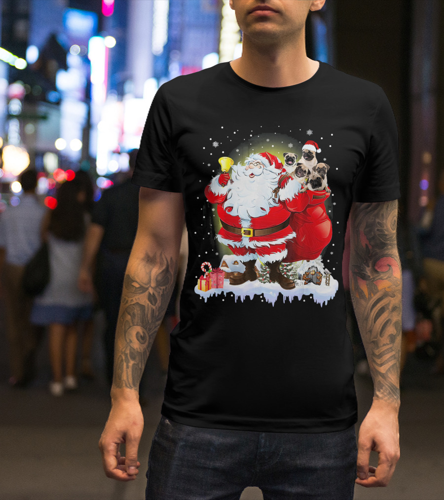 Santa Claus With Bell And Pugs In Red Bag Snowy Scene T-Shirt