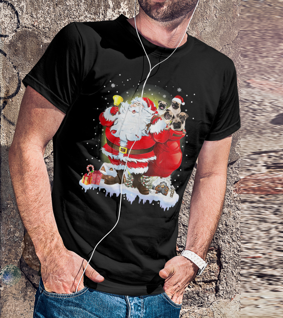 Santa Claus With Bell And Pugs In Red Bag Snowy Scene T-Shirt