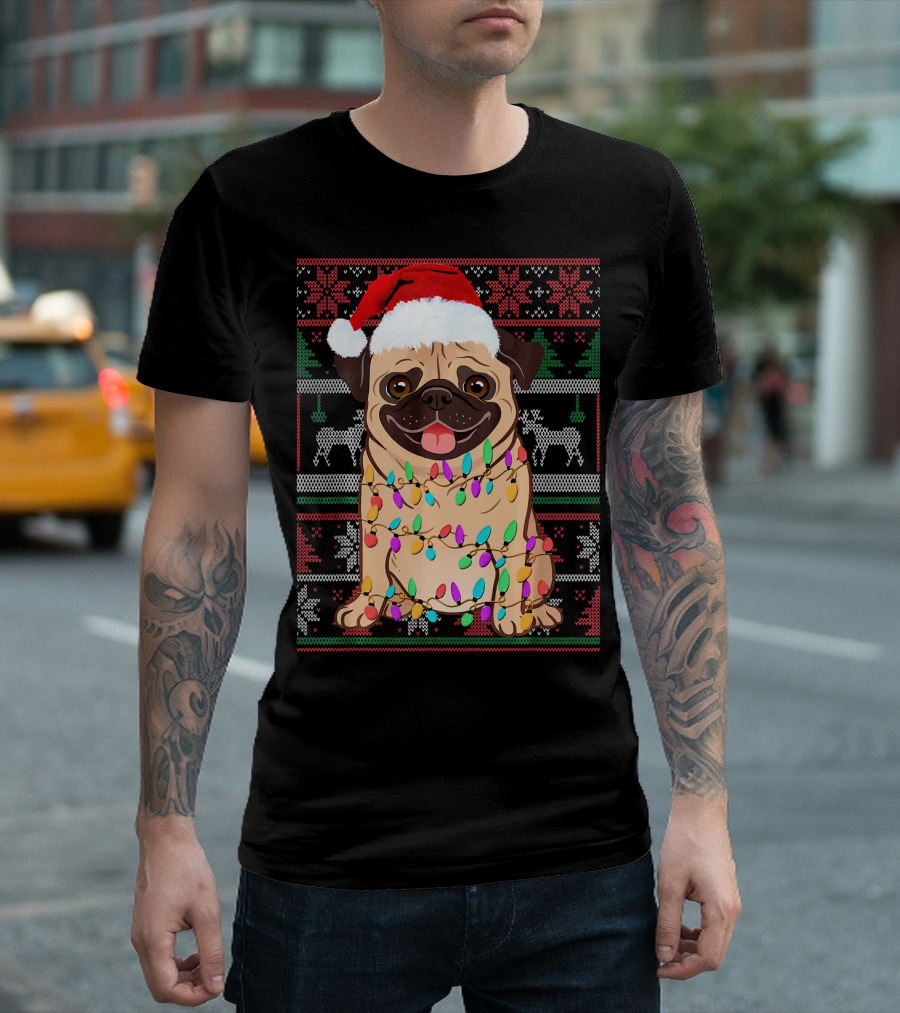 Pug Christmas Lights Santa Hat Ugly T-Shirt