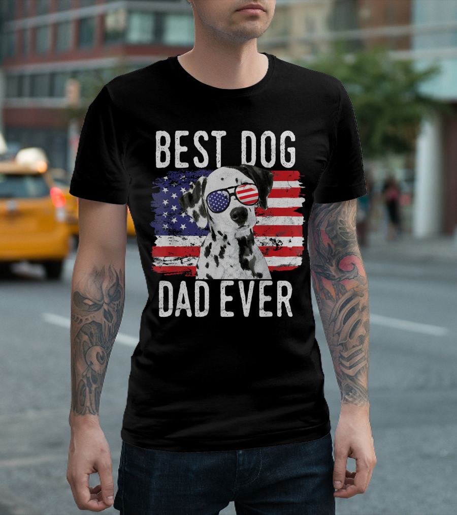 Best Dog Dad Ever Dalmatian American Flag Sunglasses T-Shirt