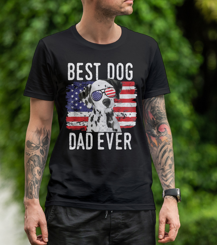 Best Dog Dad Ever Dalmatian American Flag Sunglasses T-Shirt