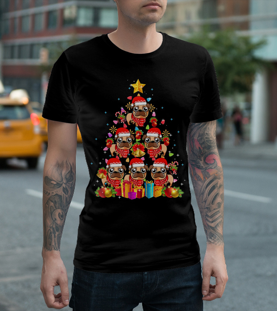 Pug Christmas Tree Santa Hats Lights Ornaments Gifts T-Shirt