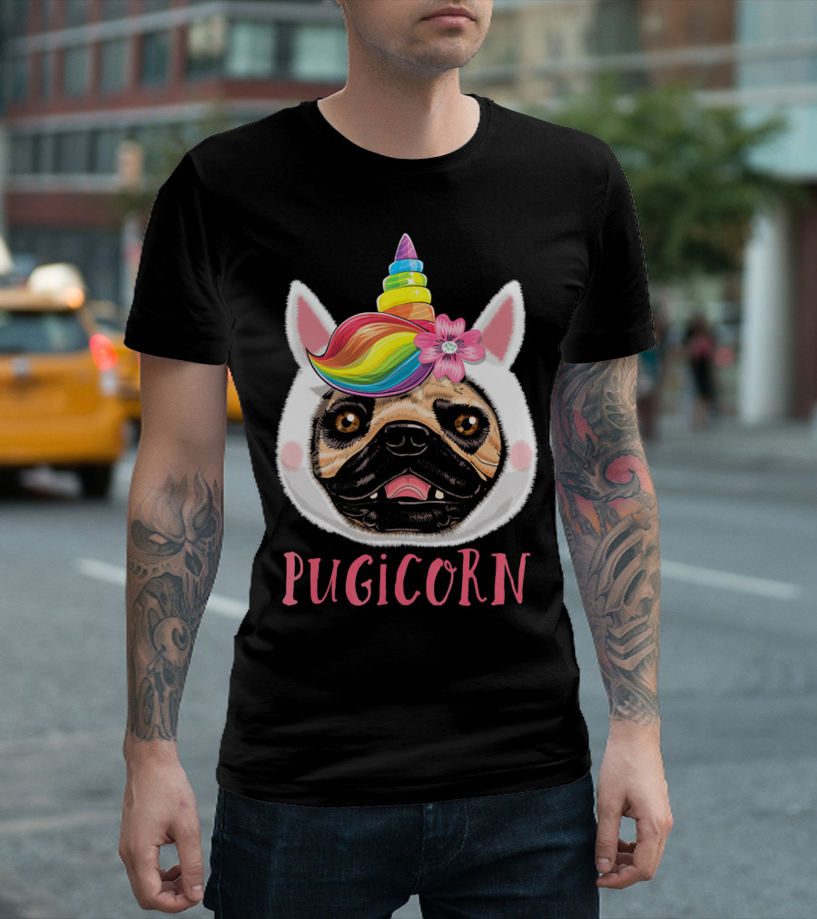 Pugicorn Pug Unicorn Rainbow Flower Ears T-Shirt