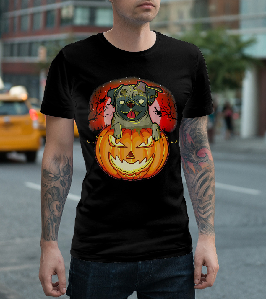 Halloween Pug Zombie Jack O Lantern Dog With Haunted Night Background T-Shirt
