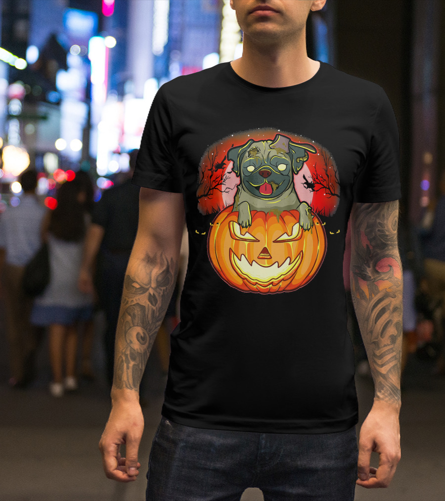 Halloween Pug Zombie Jack O Lantern Dog With Haunted Night Background T-Shirt