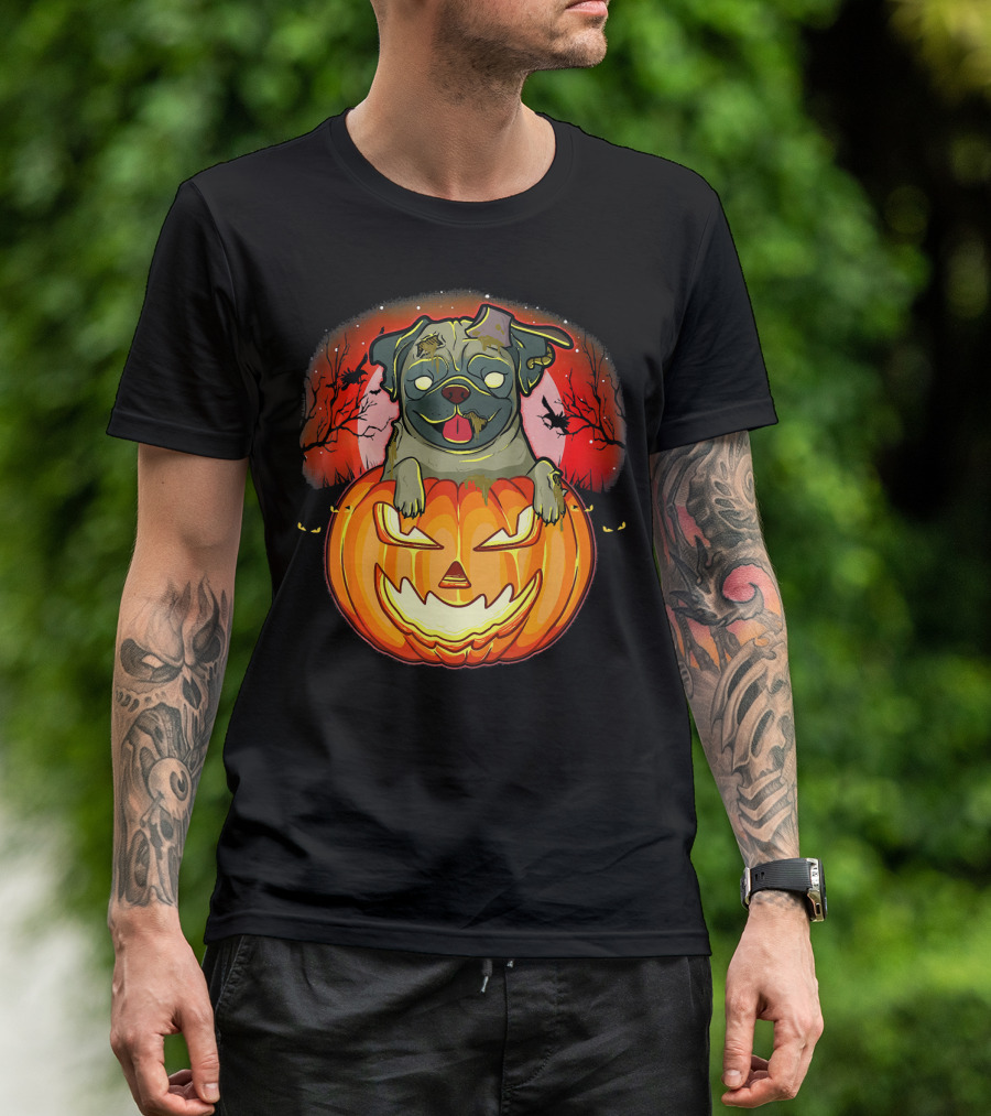 Halloween Pug Zombie Jack O Lantern Dog With Haunted Night Background T-Shirt