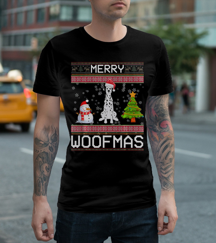 Merry Woofmas Dalmatian Dog with Snowman and Christmas Tree T-Shirt