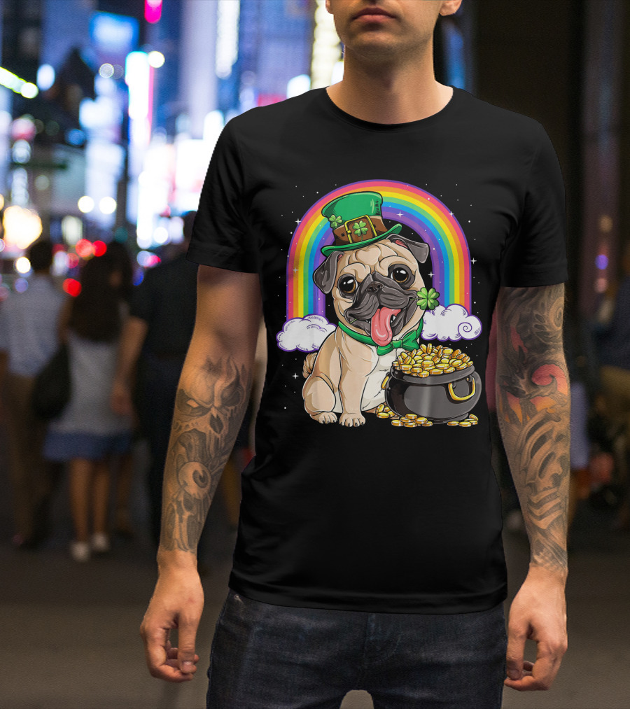 Pug Leprechaun St Patricks Day Boys Men Rainbow Pot Of Gold T-Shirt
