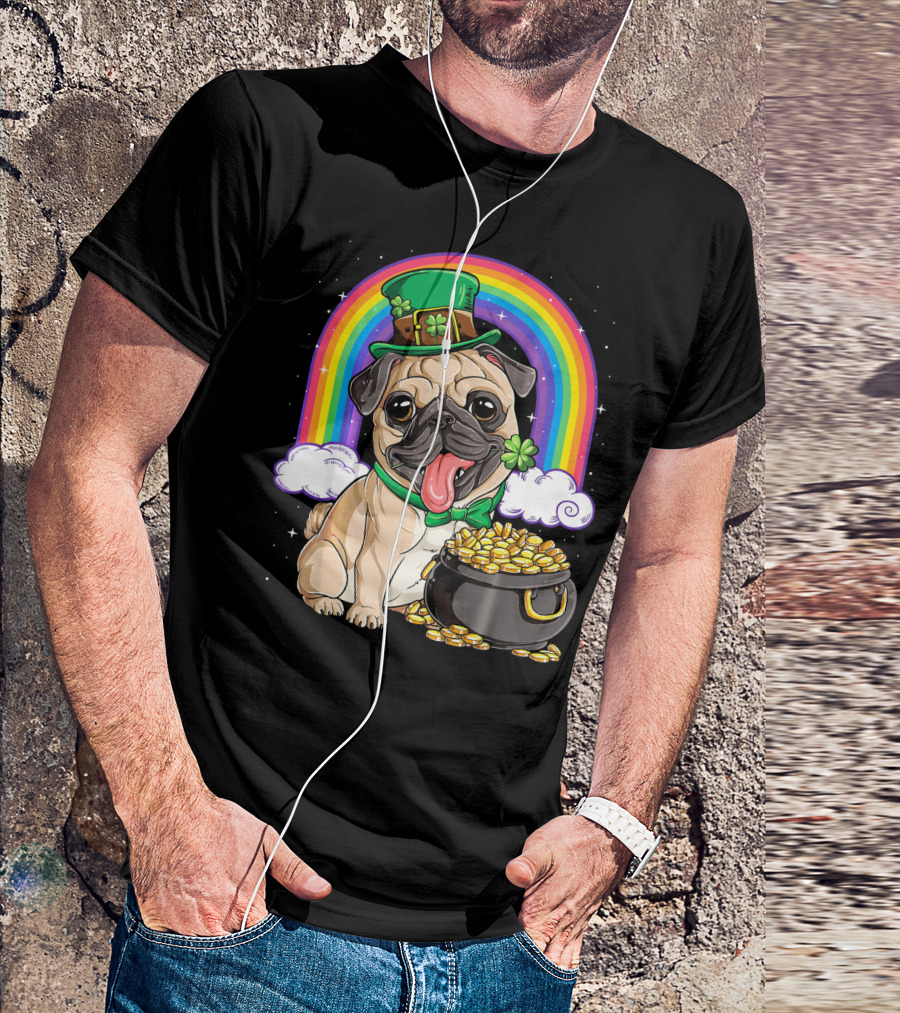 Pug Leprechaun St Patricks Day Boys Men Rainbow Pot Of Gold T-Shirt