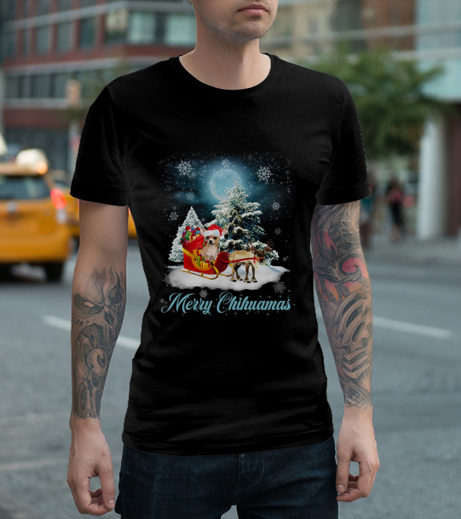 Merry Chihuahuas Christmas Chihuahua Dog Santa Sleigh Snowflakes T-Shirt