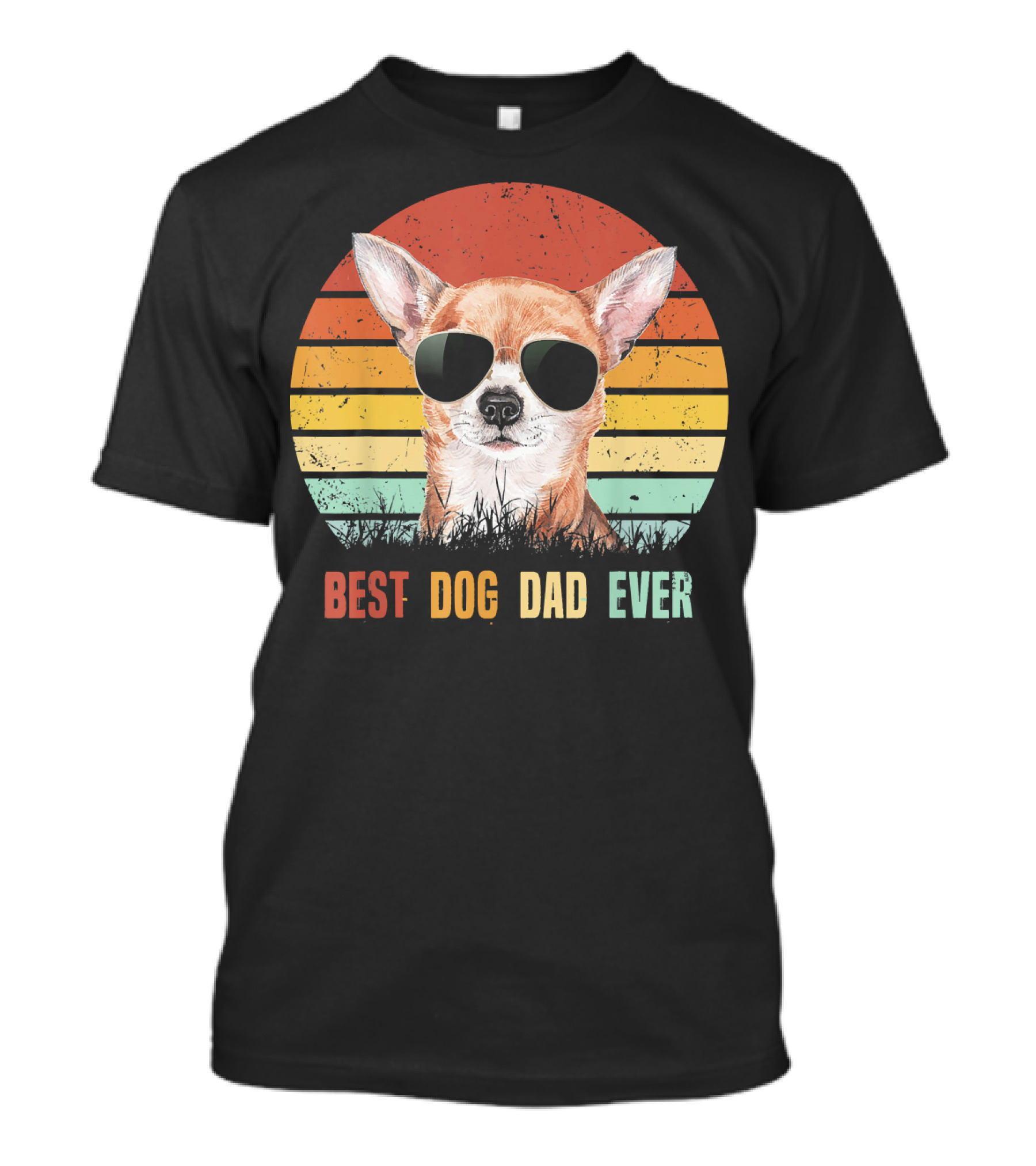 Mens Vintage Best Dog Dad Ever Chihuahua Sunglasses Striped Sunset T-Shirt