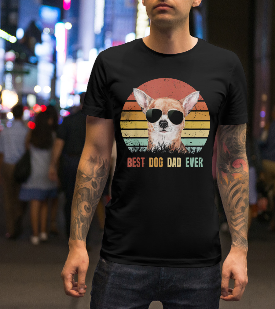Mens Vintage Best Dog Dad Ever Chihuahua Sunglasses Striped Sunset T-Shirt