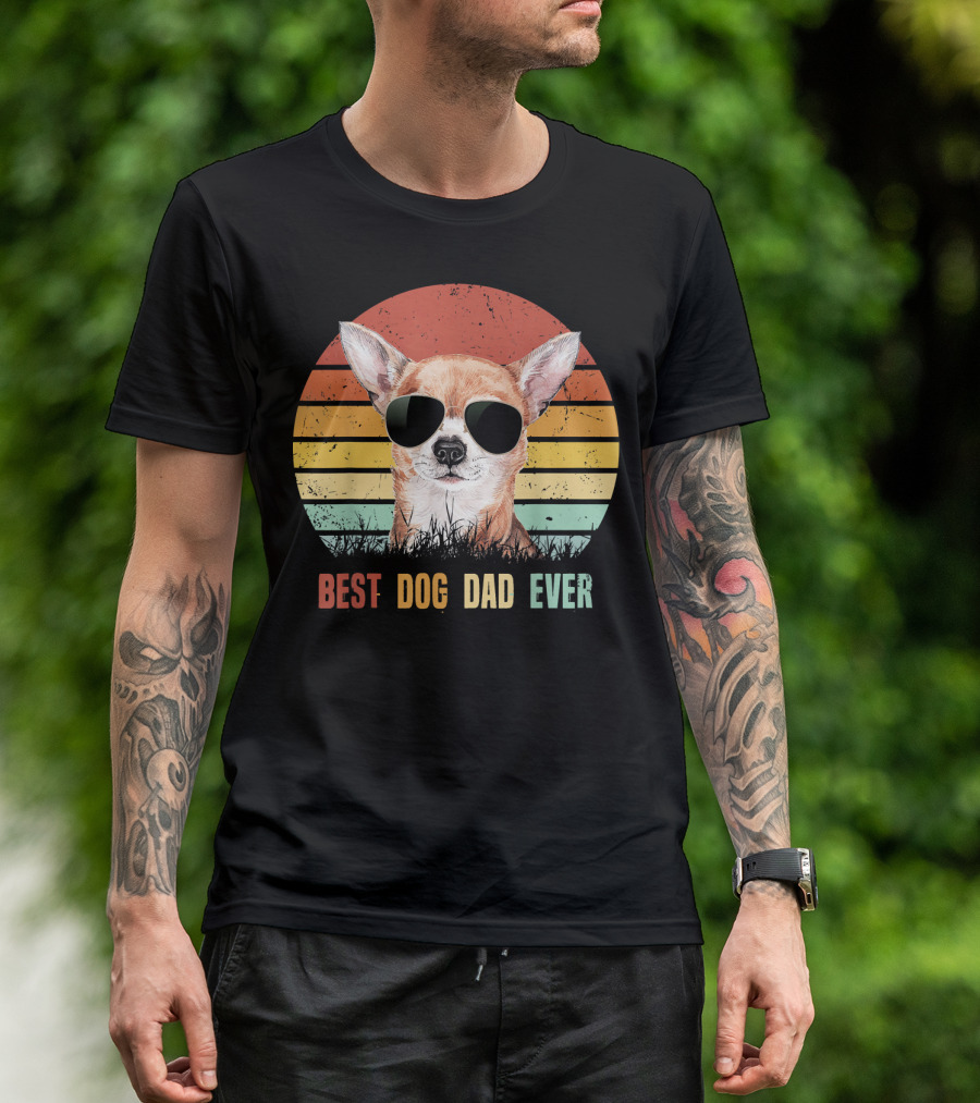 Mens Vintage Best Dog Dad Ever Chihuahua Sunglasses Striped Sunset T-Shirt