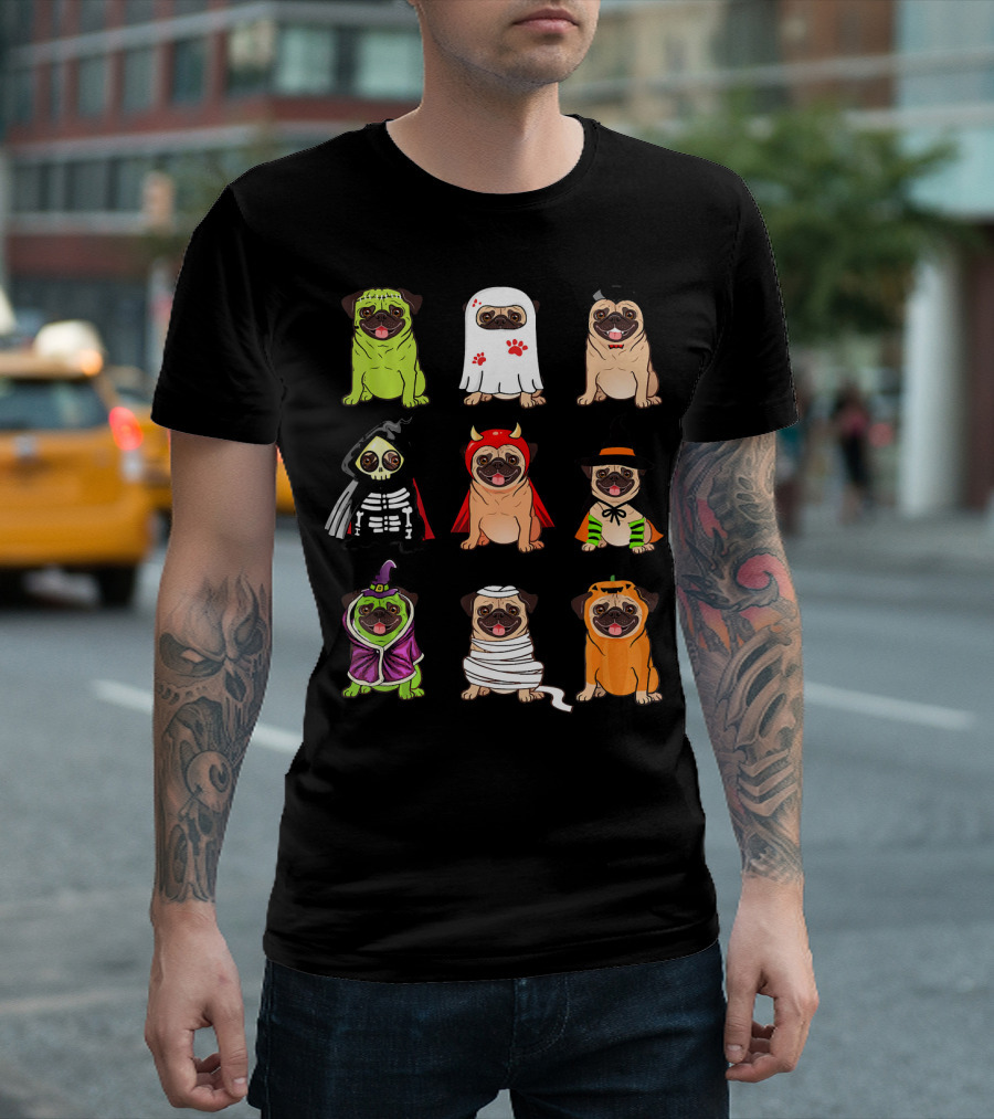 Pug Halloween Costumes Funny Dogs Ghost Devil Skeleton Mummy Witch Pumpkins T-Shirt