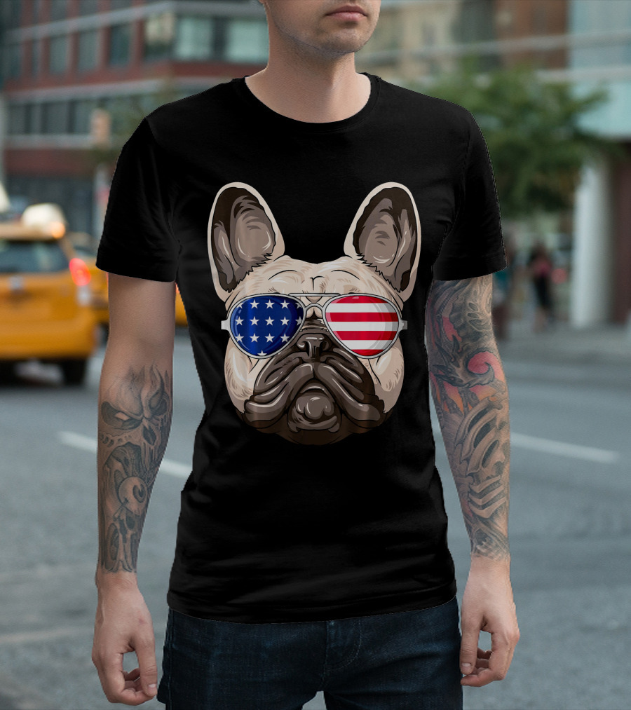Patriotic American Flag Sunglasses French Bulldog T-Shirt