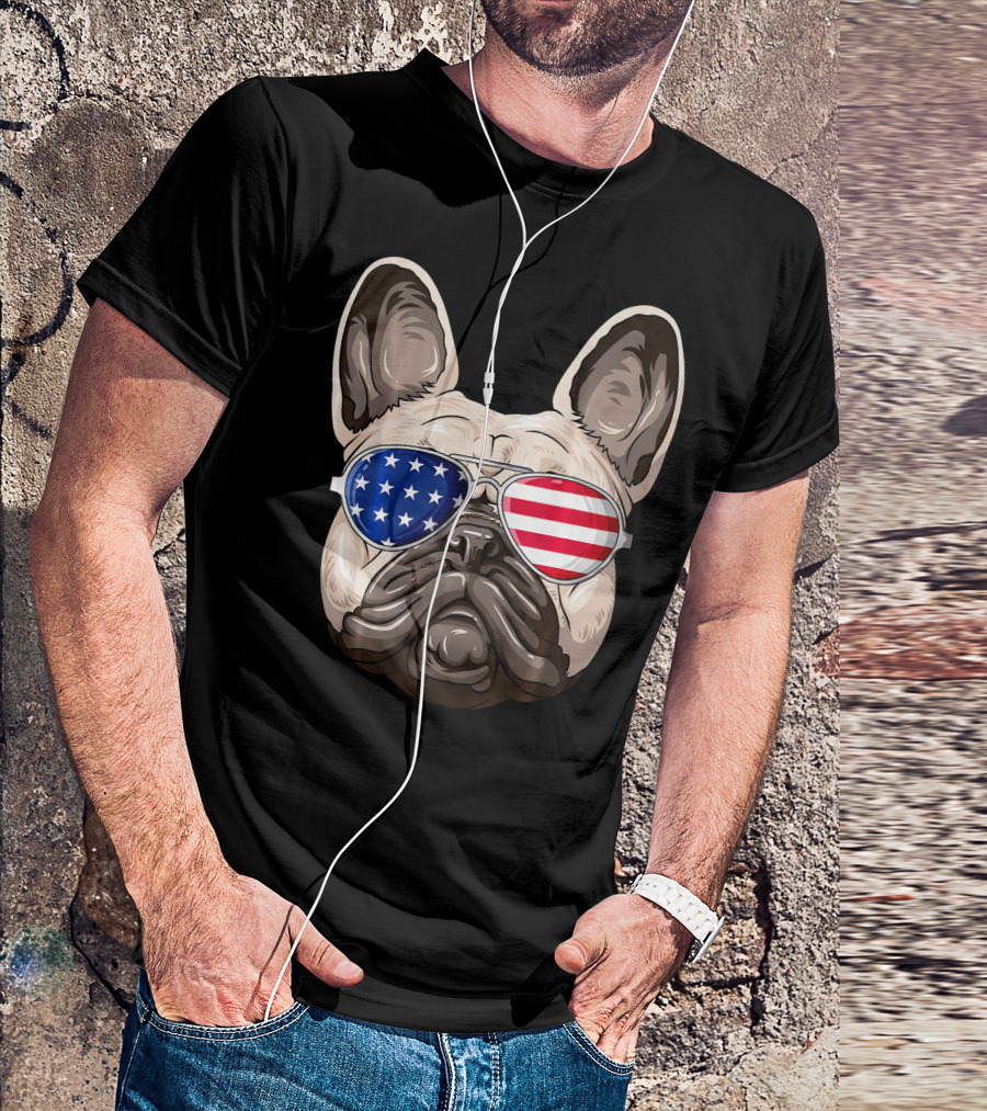 Patriotic American Flag Sunglasses French Bulldog T-Shirt