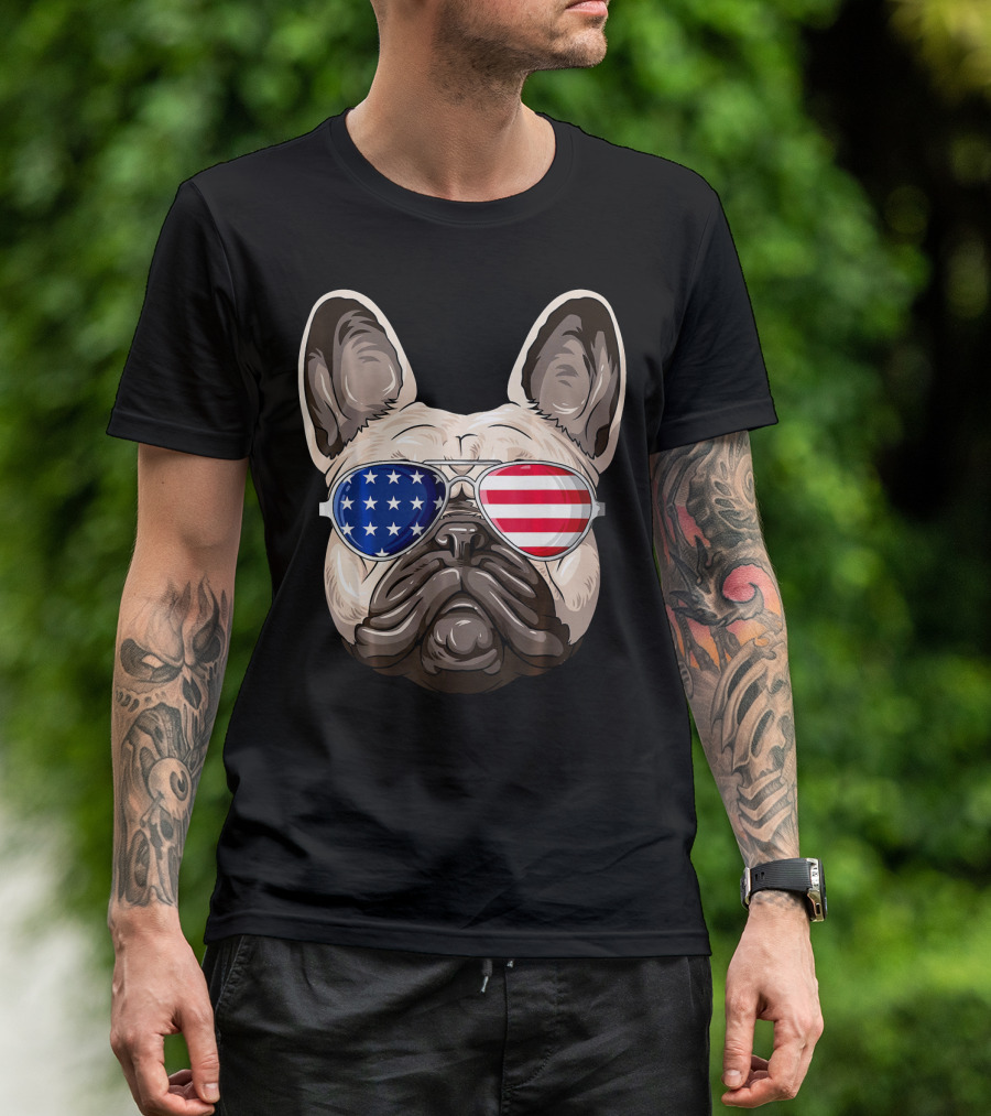 Patriotic American Flag Sunglasses French Bulldog T-Shirt