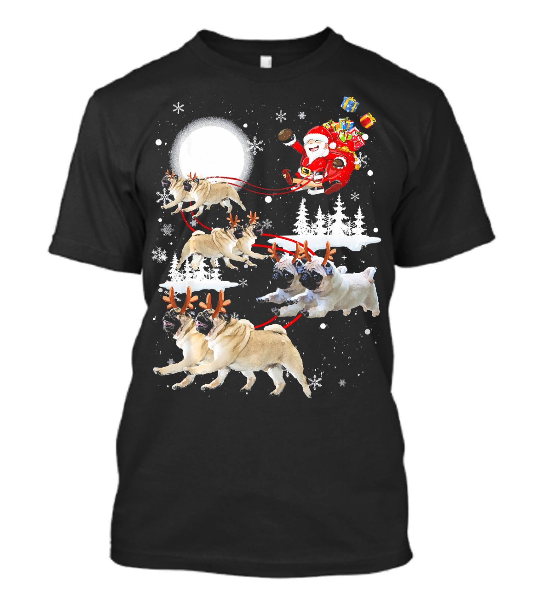 Santa Pug Reindeer Sleigh Flying Past Moon Christmas Scene T-Shirt