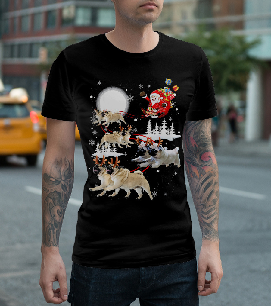 Santa Pug Reindeer Sleigh Flying Past Moon Christmas Scene T-Shirt