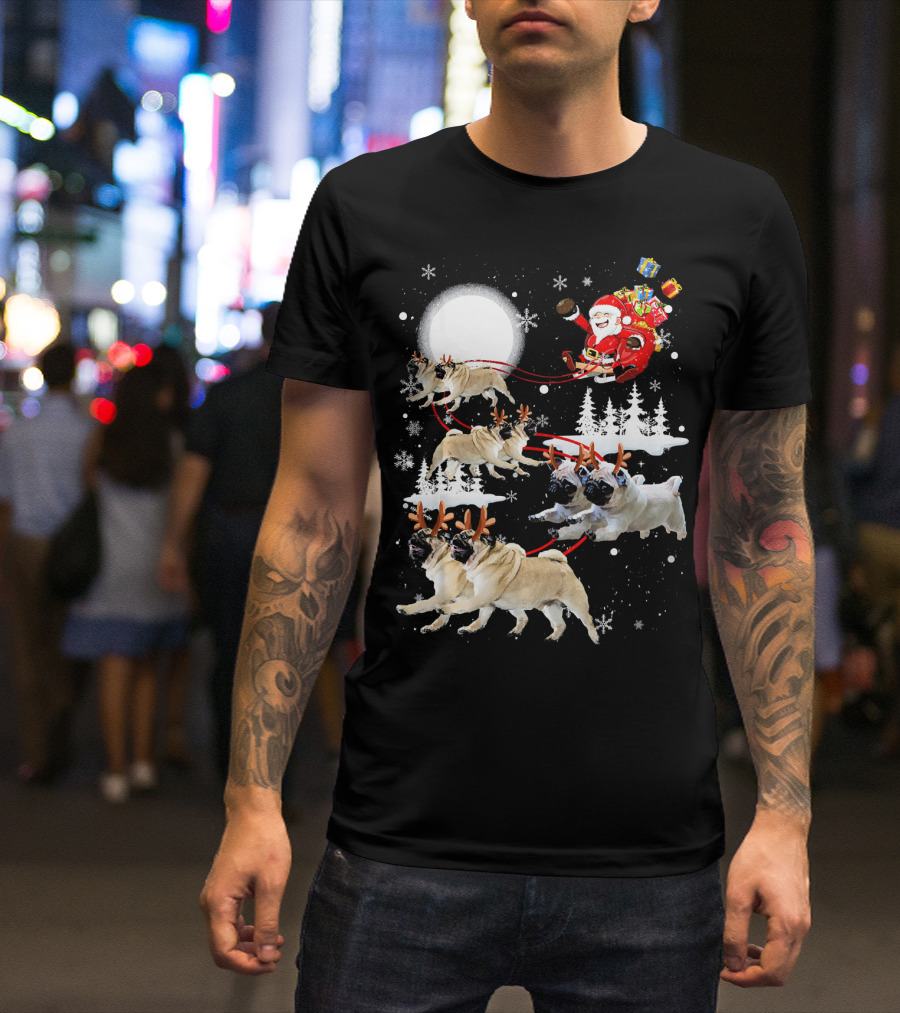 Santa Pug Reindeer Sleigh Flying Past Moon Christmas Scene T-Shirt