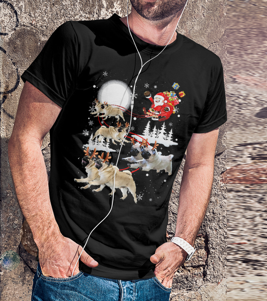 Santa Pug Reindeer Sleigh Flying Past Moon Christmas Scene T-Shirt