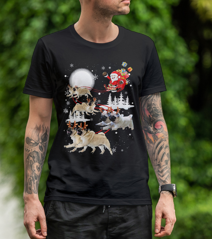 Santa Pug Reindeer Sleigh Flying Past Moon Christmas Scene T-Shirt