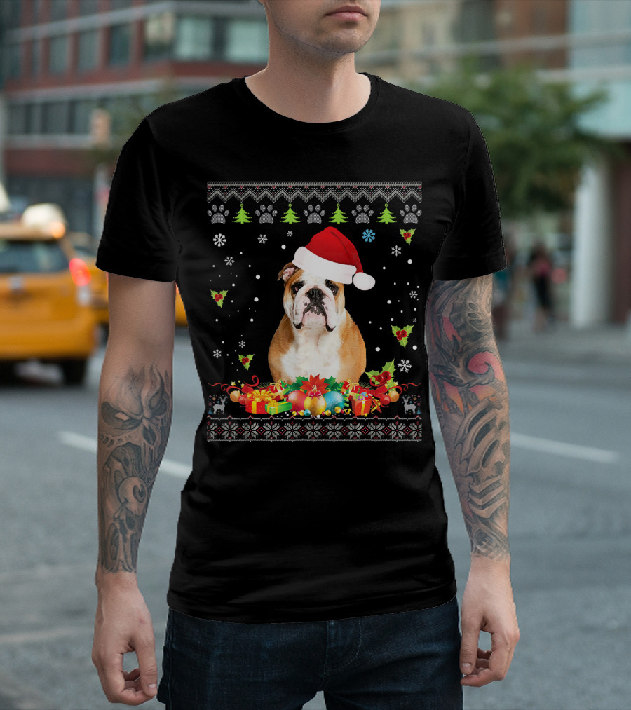 Merry Christmas English Bulldog with Santa Hat and Festive Ornaments T-Shirt