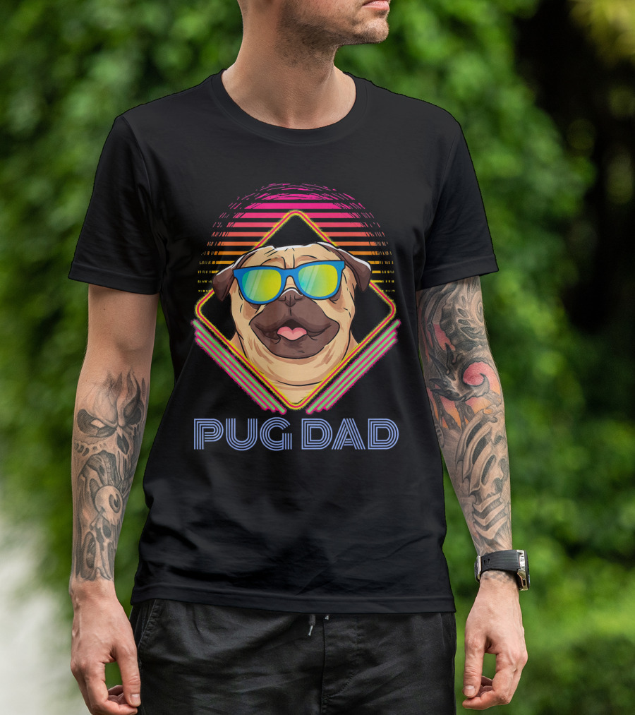 Pug Dad Retro Sunglasses Neon Style Pug Lover T-Shirt