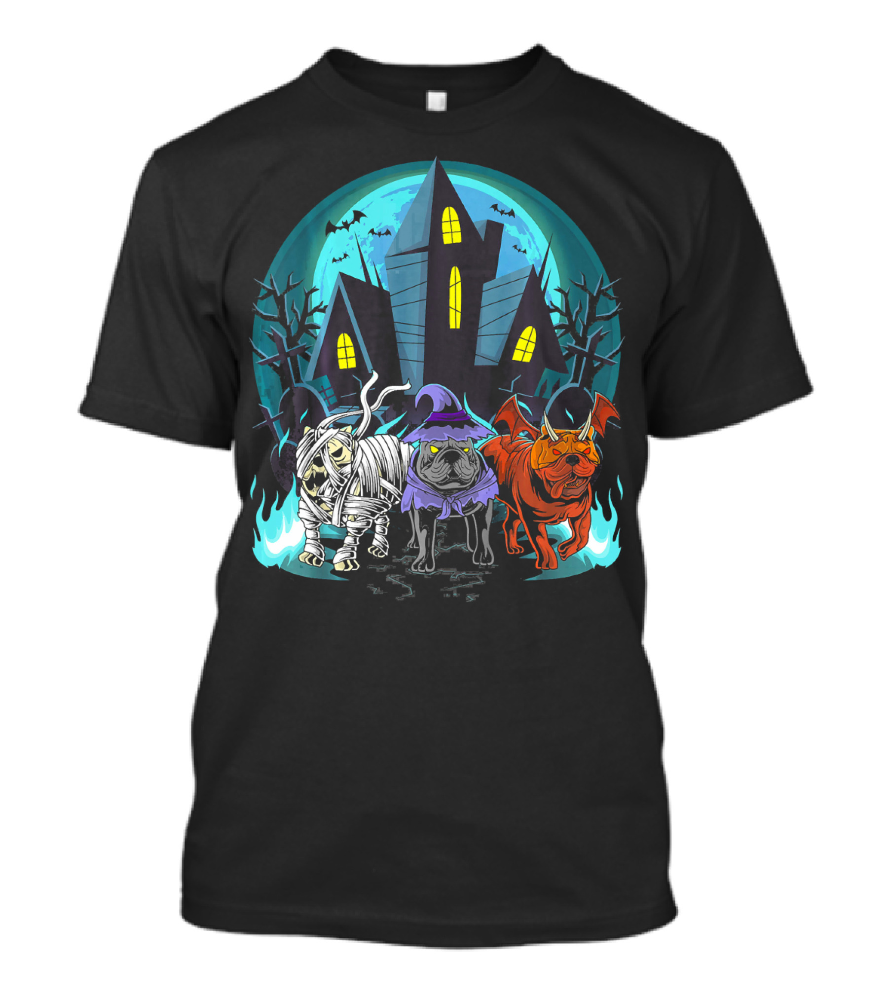 Halloween English Bulldogs Mummy Witch Haunted House Bats T-Shirt
