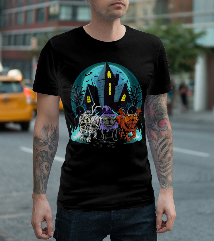 Halloween English Bulldogs Mummy Witch Haunted House Bats T-Shirt