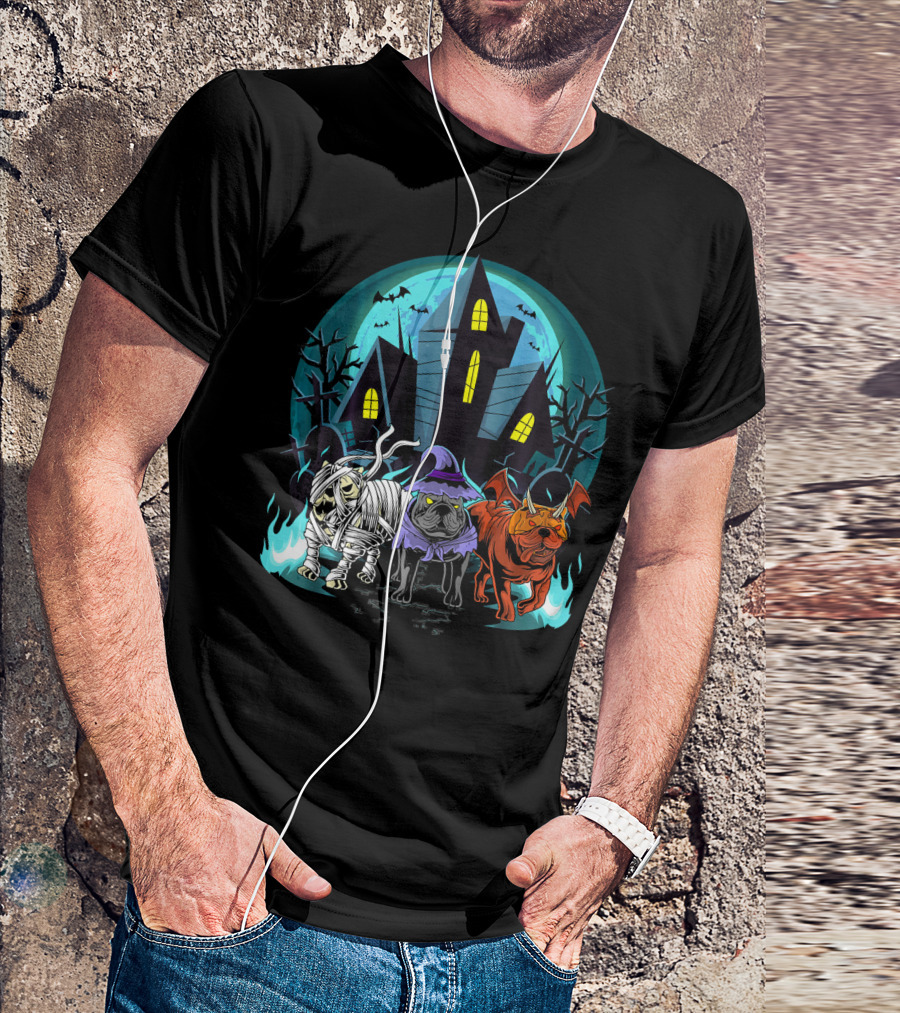 Halloween English Bulldogs Mummy Witch Haunted House Bats T-Shirt
