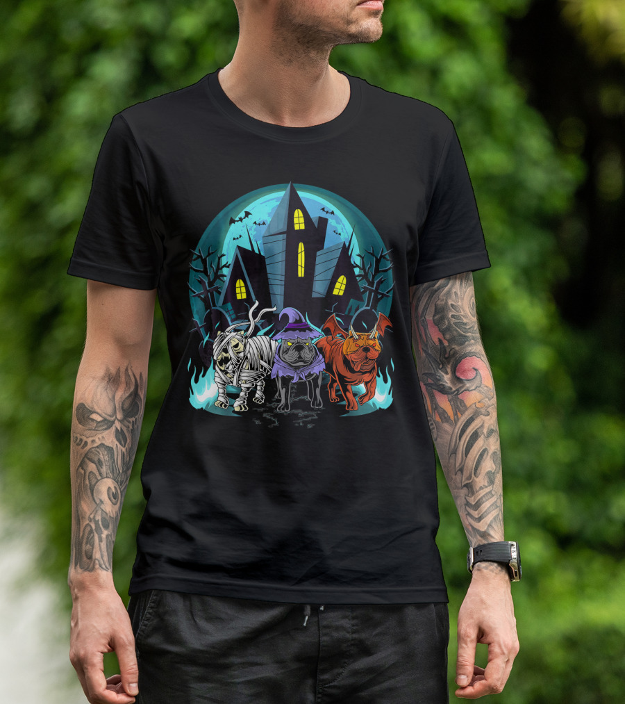 Halloween English Bulldogs Mummy Witch Haunted House Bats T-Shirt