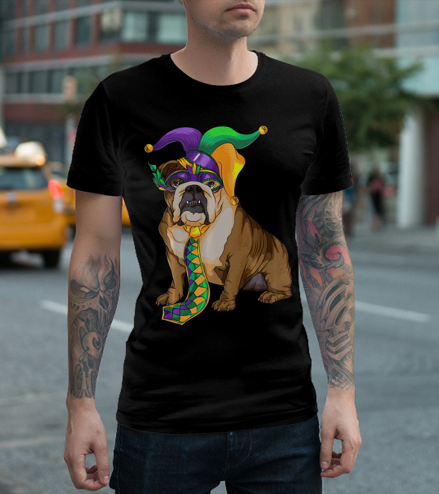 Mardi Gras English Bulldog Jester Hat And Mask Fat Tuesday T-Shirt