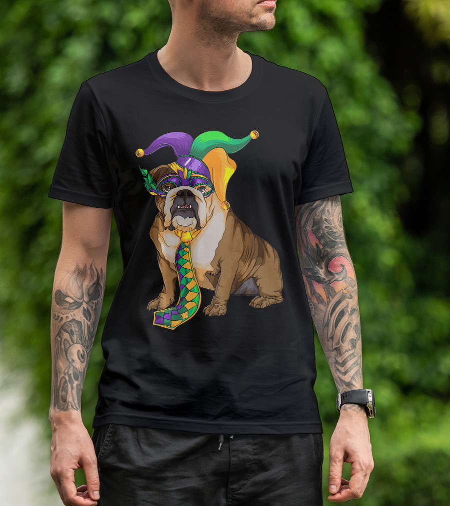 Mardi Gras English Bulldog Jester Hat And Mask Fat Tuesday T-Shirt
