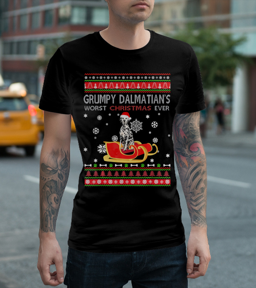 Grumpy Dalmatian's Worst Christmas Ever Dalmatian on Santa Sleigh Snowflakes T-Shirt
