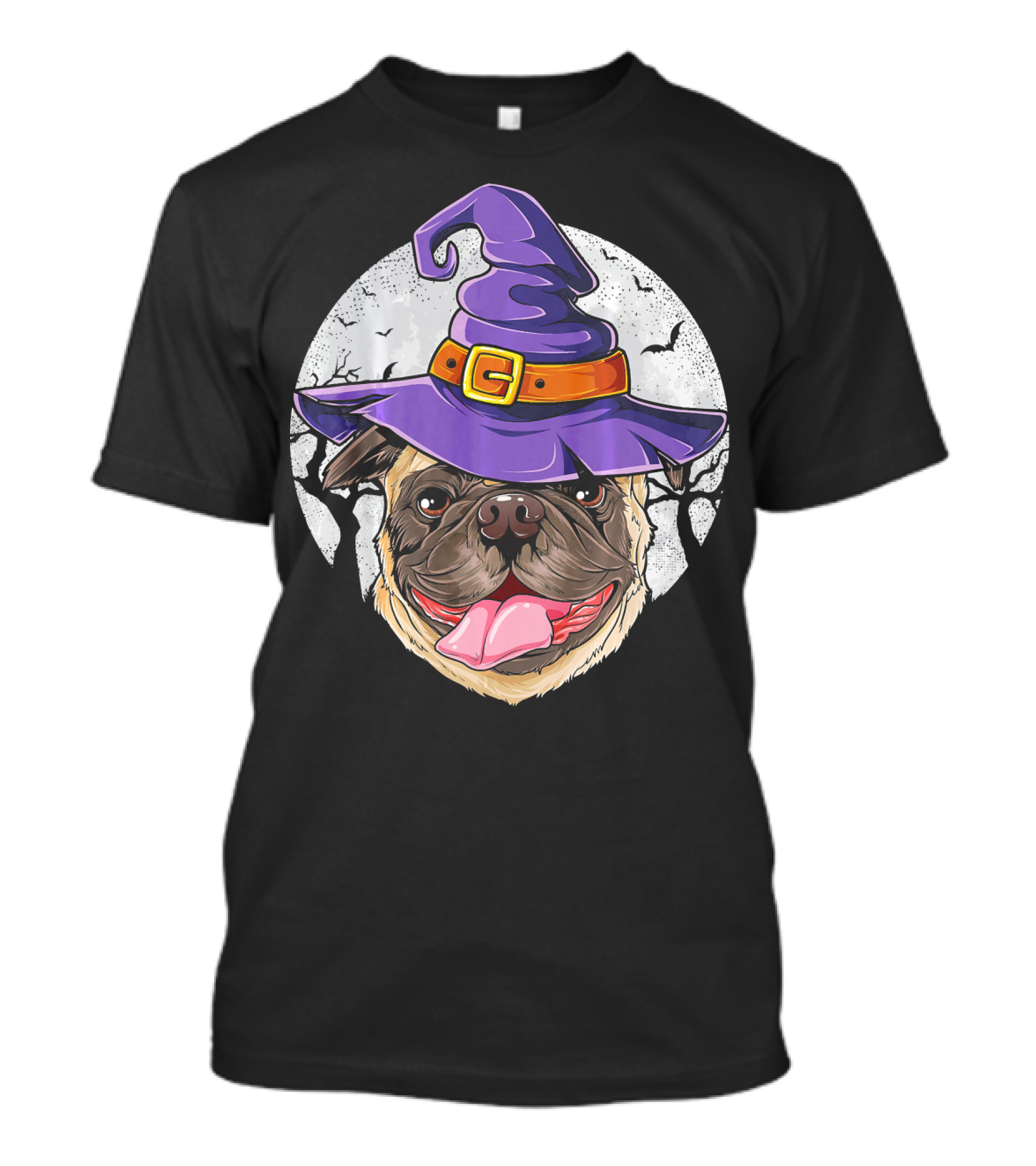 Pug With Purple Witch Hat In Halloween Moonlit Scene T-Shirt