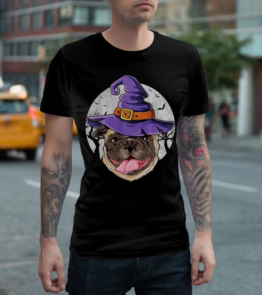 Pug With Purple Witch Hat In Halloween Moonlit Scene T-Shirt