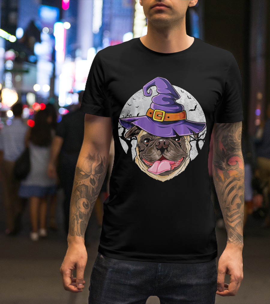 Pug With Purple Witch Hat In Halloween Moonlit Scene T-Shirt