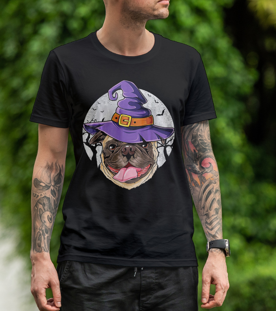 Pug With Purple Witch Hat In Halloween Moonlit Scene T-Shirt