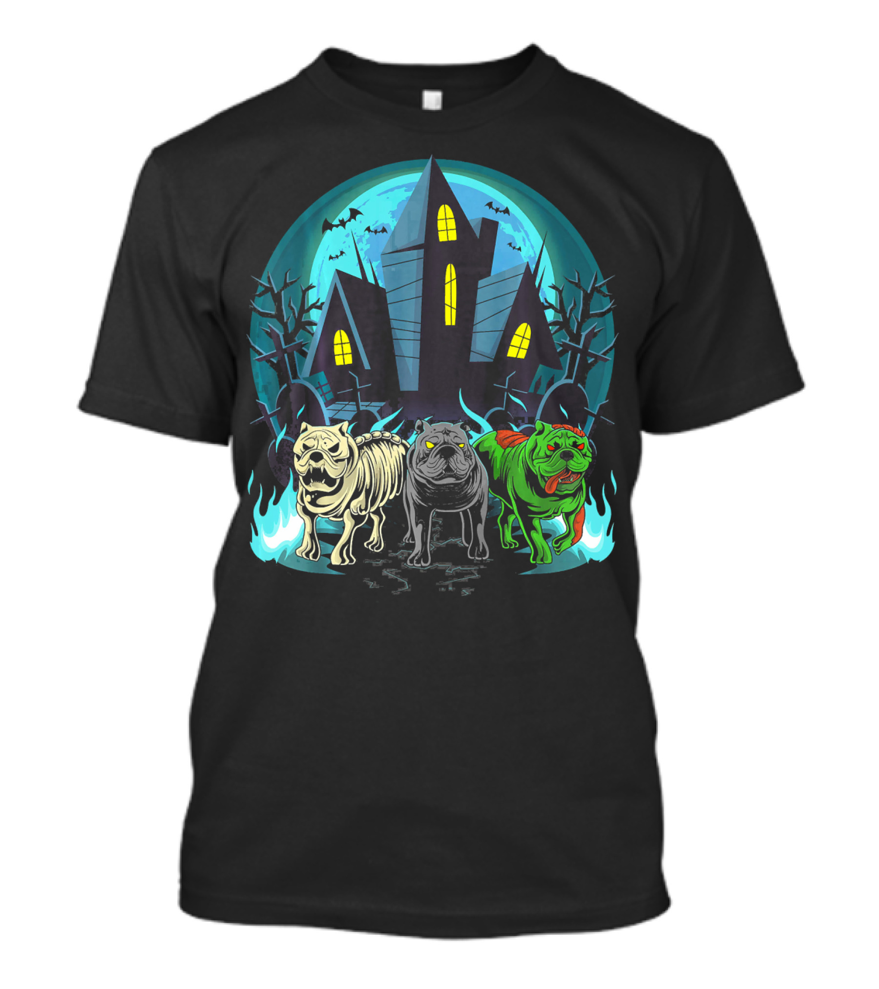 Halloween English Bulldogs Haunted Zombie Skeleton Mansion T-Shirt