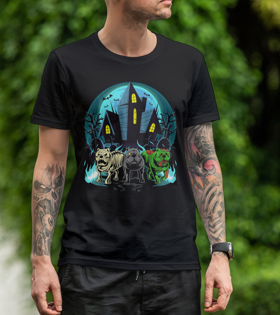 Halloween English Bulldogs Haunted Zombie Skeleton Mansion T-Shirt