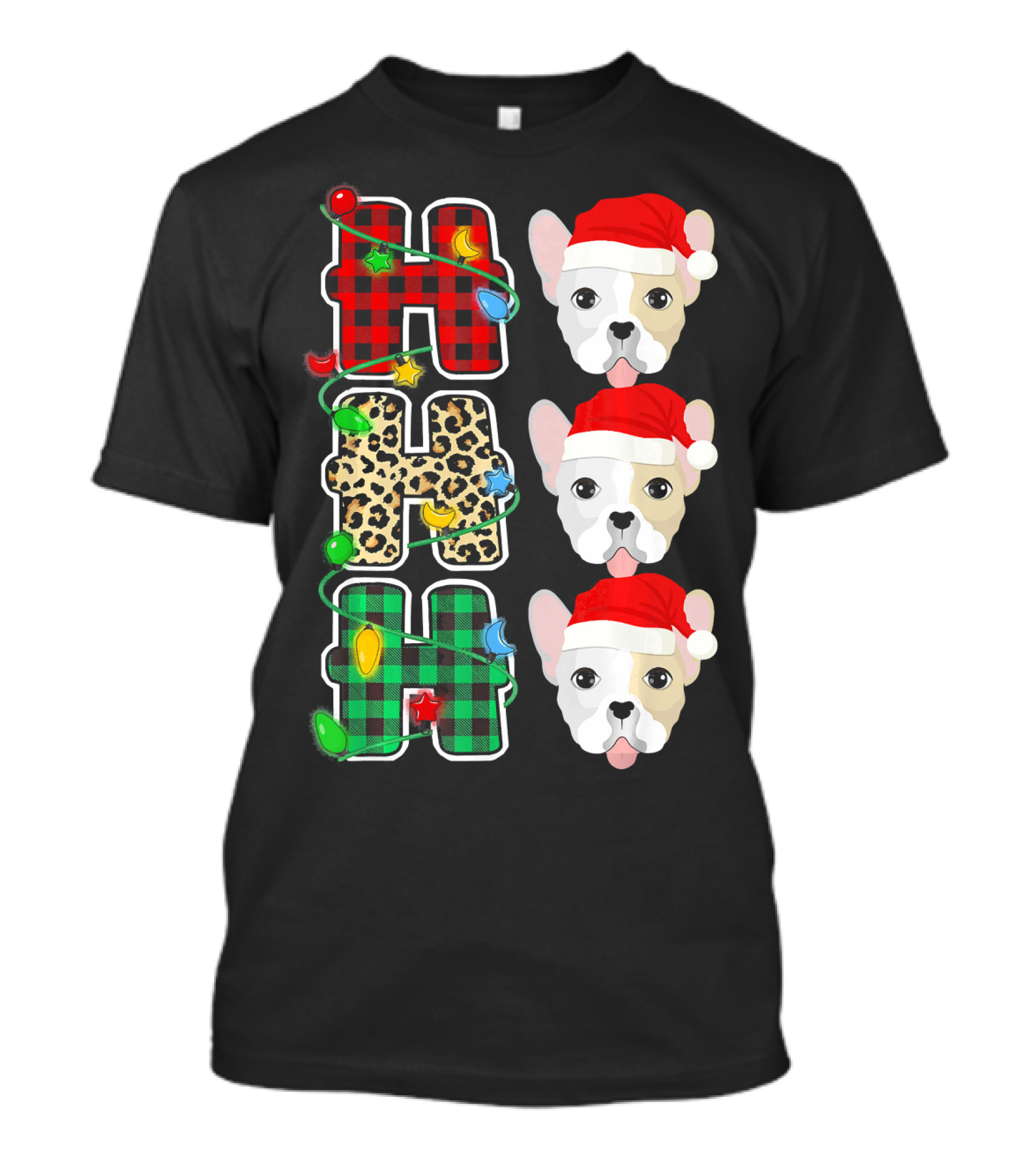 HO HO HO Santa Hat French Bulldog Leopard Buffalo Plaid Christmas Lights T-Shirt