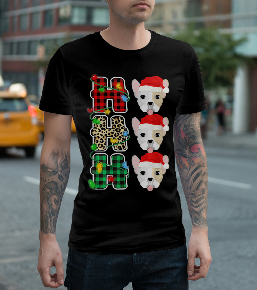 HO HO HO Santa Hat French Bulldog Leopard Buffalo Plaid Christmas Lights T-Shirt