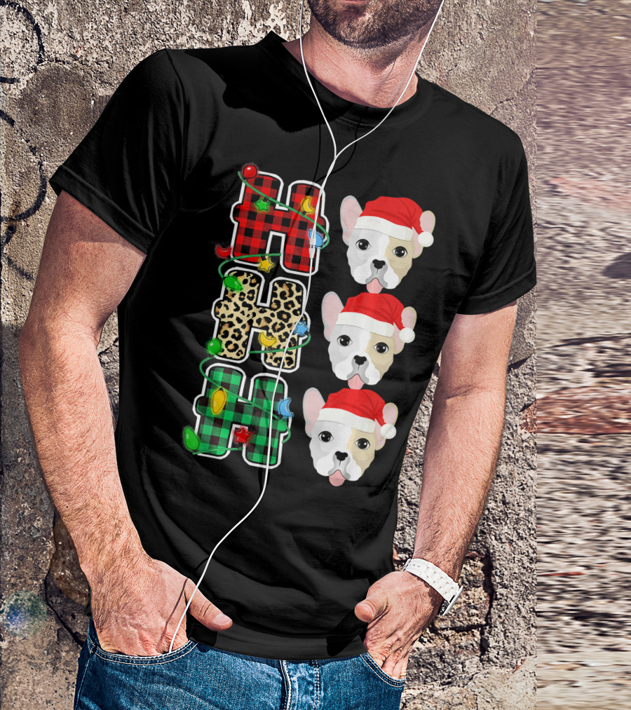 HO HO HO Santa Hat French Bulldog Leopard Buffalo Plaid Christmas Lights T-Shirt