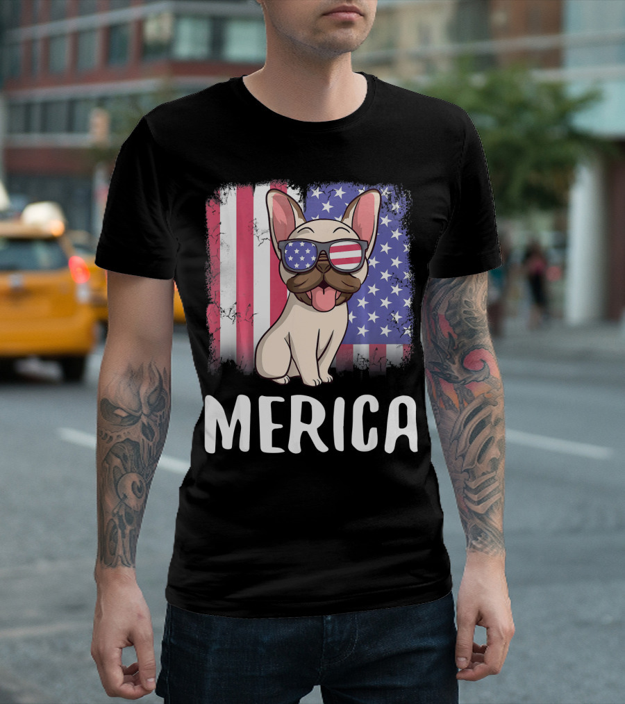 Merica French Bulldog Dog Frenchie Ameri With American Flag Sunglasses And Background T-Shirt