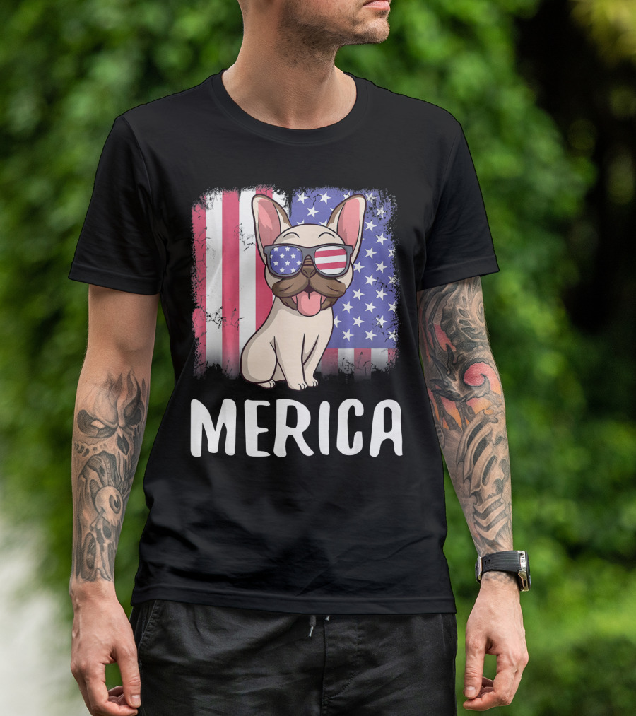 Merica French Bulldog Dog Frenchie Ameri With American Flag Sunglasses And Background T-Shirt