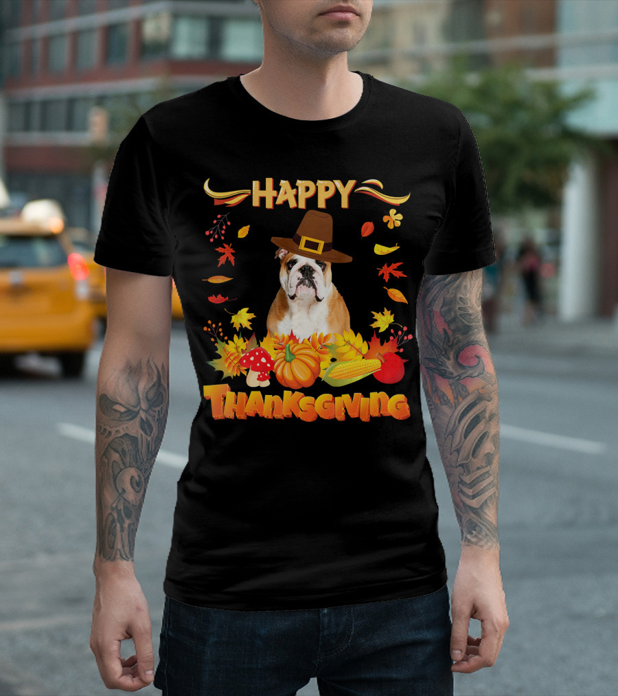 Happy Thanksgiving English Bulldog Autumn Harvest T-Shirt