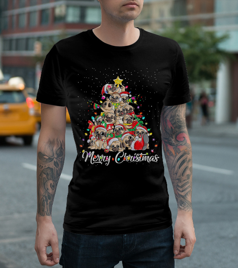 Merry Christmas Pug Lovers Funny Christmas Tree T-Shirt