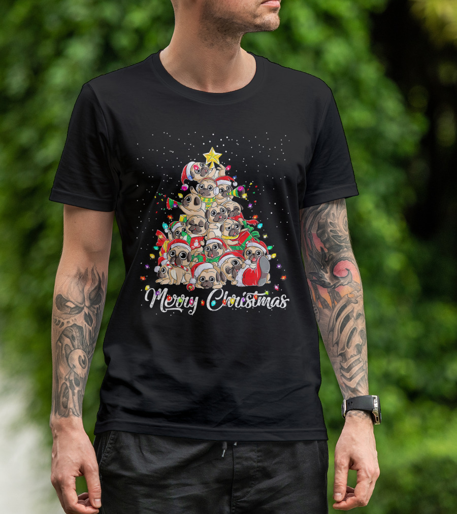 Merry Christmas Pug Lovers Funny Christmas Tree T-Shirt