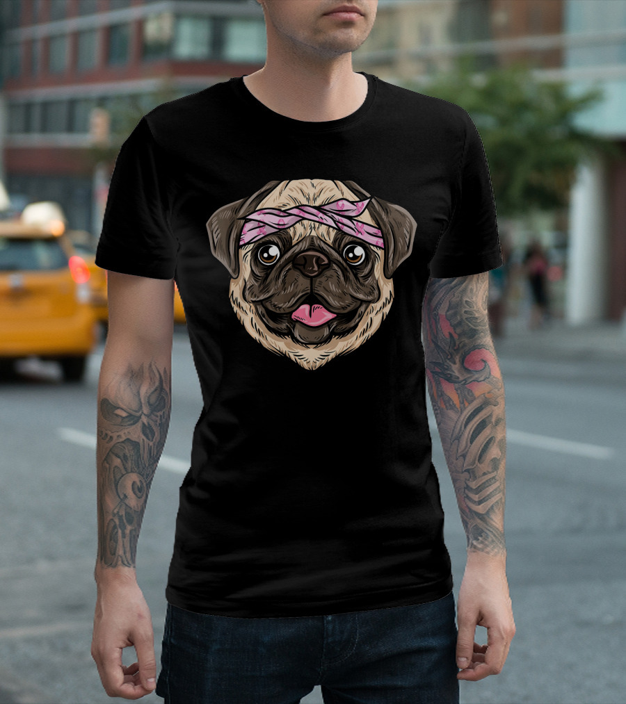 Pug Pink Ribbon Bandanna Breast Cancer Awareness T-Shirt